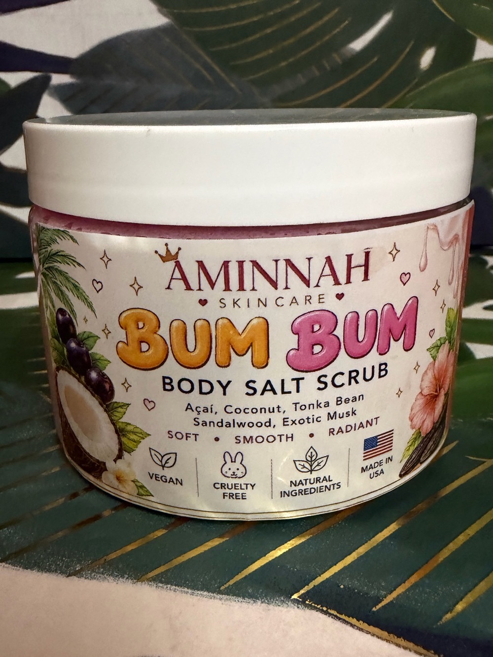 Aminnah Bum Bum Body Salt Scrub 12 oz Acai Coconut Tonka Musk